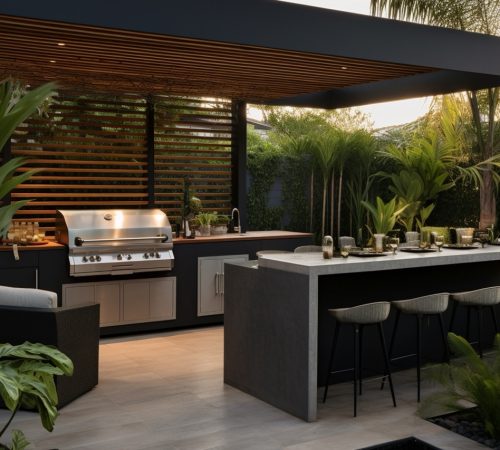 An outdoor entertainment area with a built-in barbecue and a bar setu